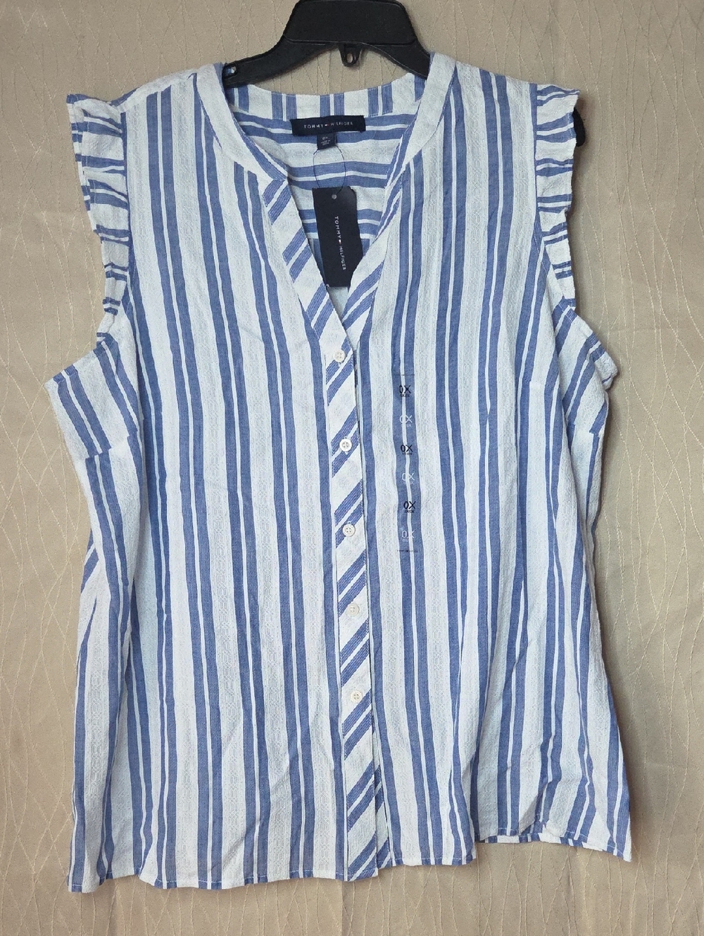 Tommy Hilfiger Blue and White Striped Sleeveless Button-Down Top
